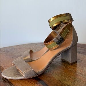 Sundance Metallic Taupe Block Heel Ankle Strap Sandals Size 37